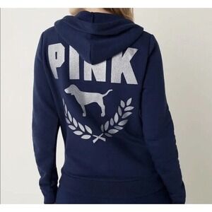 Victoria's Secret PINK Hoodie Small Navy Glitter‎ Logo Full Zip Dog Crest Jacket